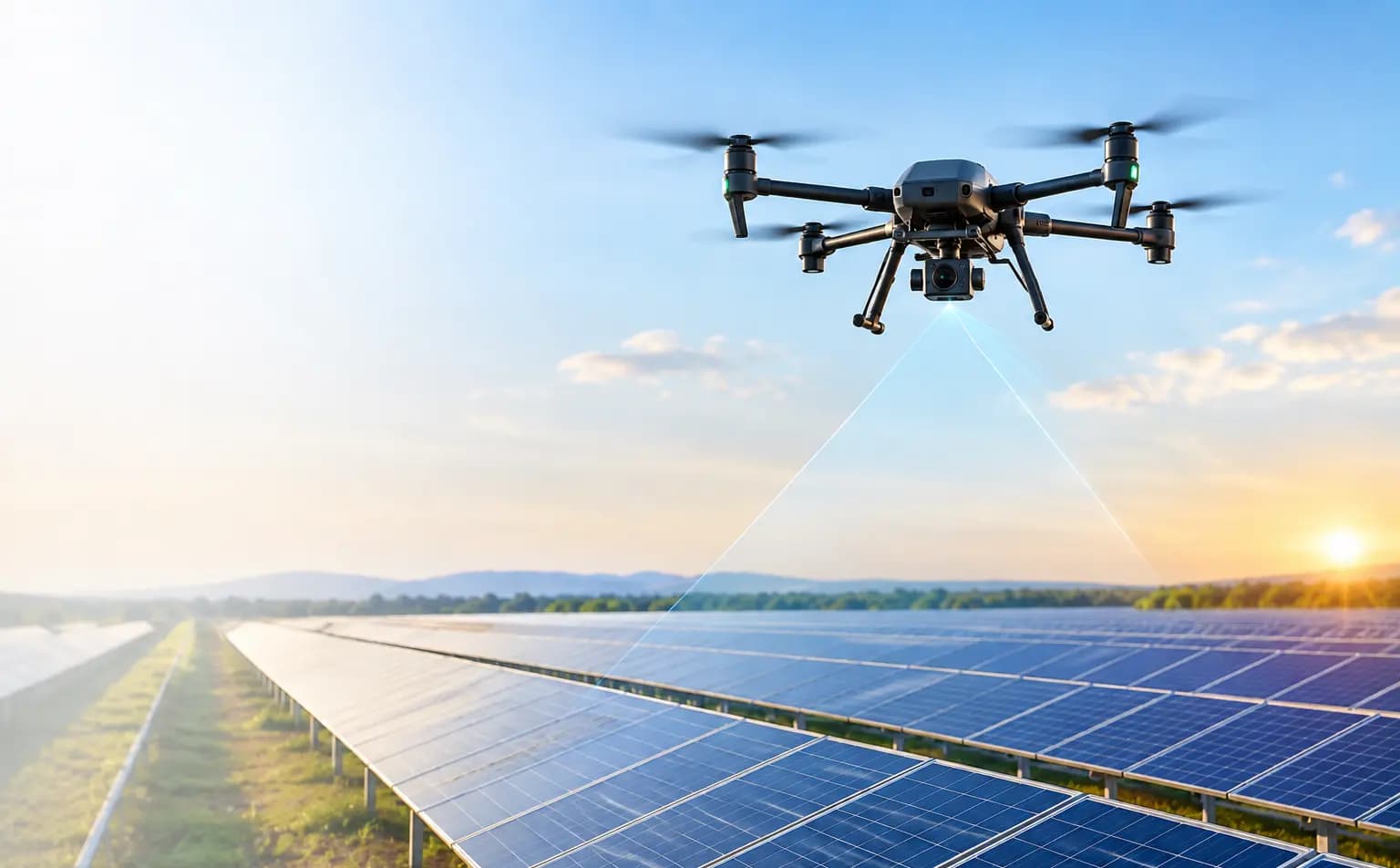 Drone flying over solar panels to inspect them