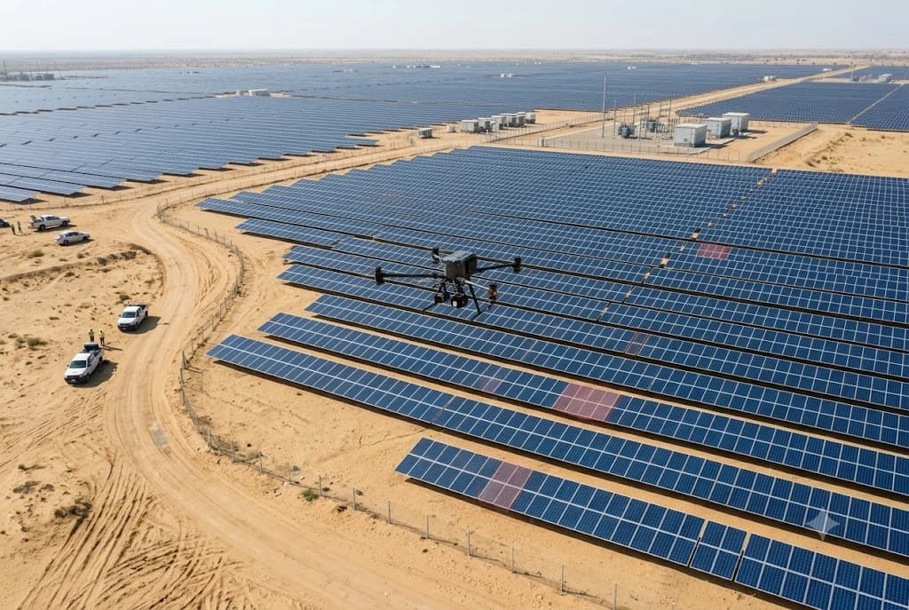 Aerial view of a large solar farm with rows of solar panels being inspected by a drone