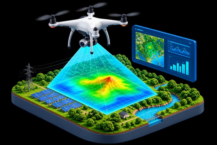 Drone scanning a solar plant and power lines