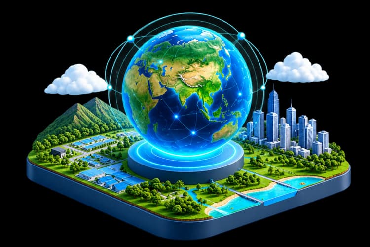 Globe above a green city and landscape