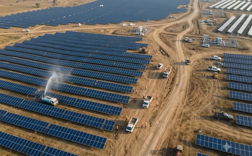 Aerial view of a large solar farm under construction, with solar panels, work vehicles and dirt roads