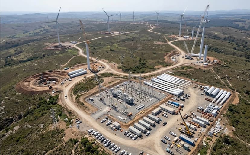 Aerial view of a wind farm under construction, with wind turbines, cranes and a substation