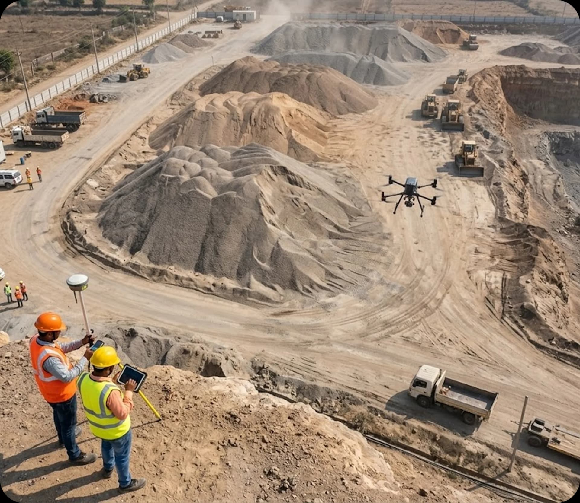 Surveyors with a drone over a stockpile site