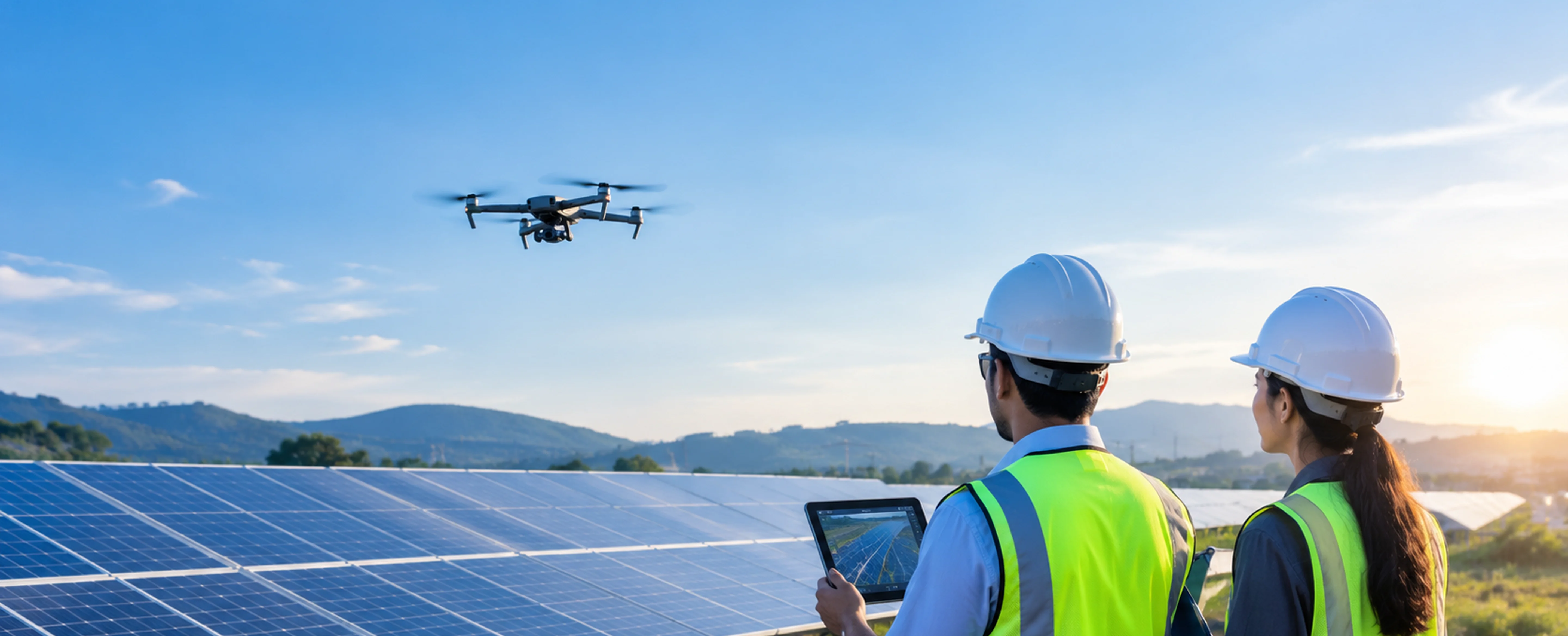 Drone hovering above a solar panel field while two
workers in hard hats and safety vests look on, one
holding a tablet