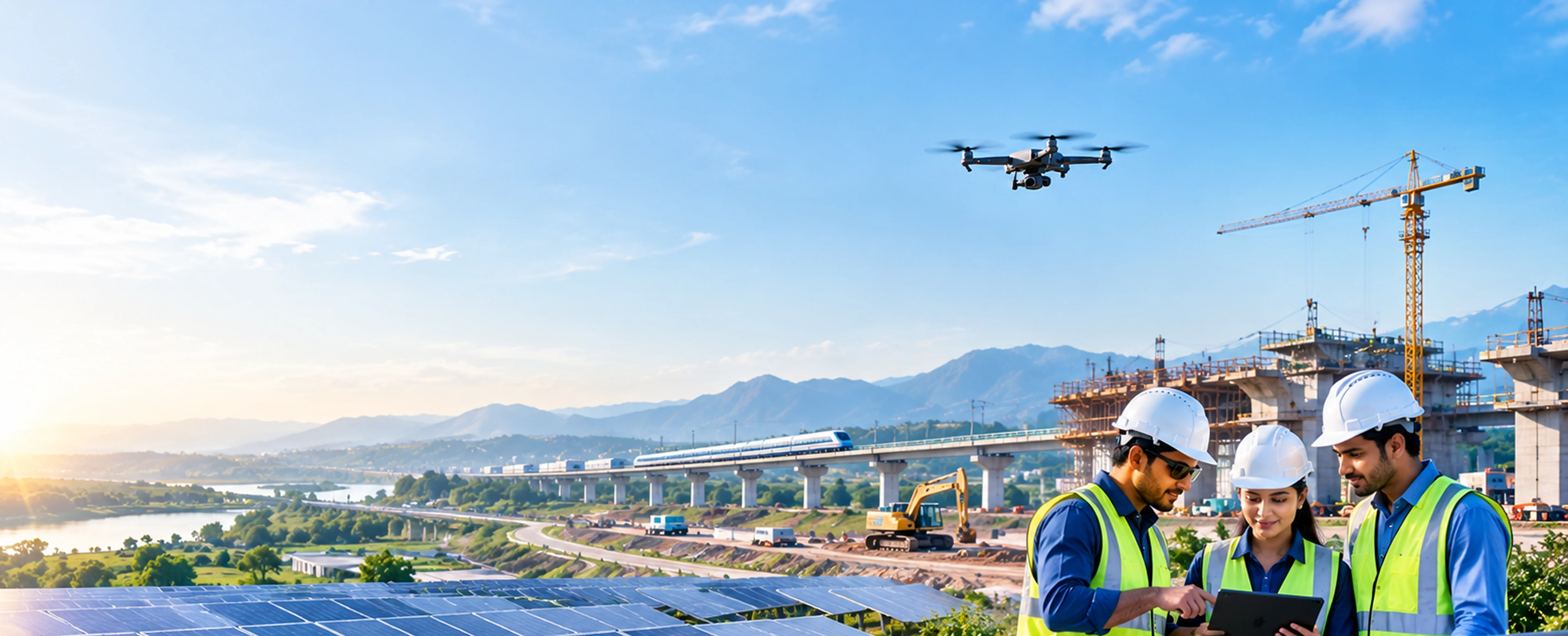 Drone above a construction site with three workers wearing hard hats and high-visibility vests